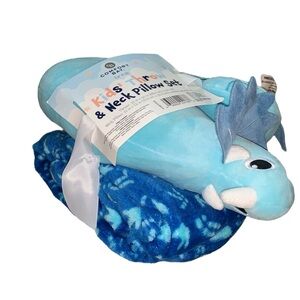 Kids Dinosaur Neck Pillow & Throw Blanket Set Comfort Bay Blue Travel Set